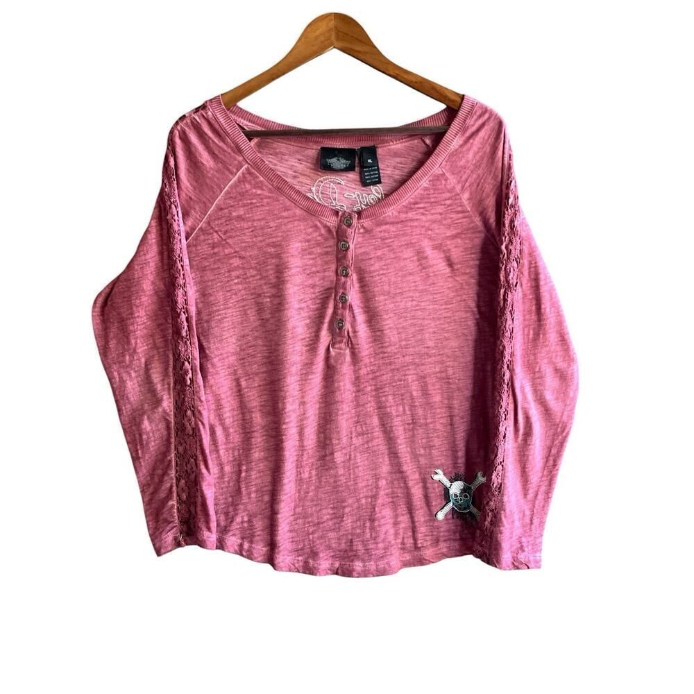 Harley Davidson Ladies Embroidered Skull & Wings Jolly Roger Dusty Rose XL - Picture 2 of 4